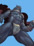  2023 abs absurd_res anthro arm_wraps balls barely_visible_balls barely_visible_genitalia biped black_nipples black_nose blaidd_(elden_ring) blue_background bottomwear bulge canid canine canis clothing digital_media_(artwork) elden_ring eruprior fangs fromsoftware fur genitals grey_body grey_fur hi_res loincloth looking_at_viewer looking_down_at_viewer male mammal muscular muscular_anthro muscular_male nipples pecs purple_eyes scars_all_over simple_background solo teeth wolf wraps 