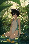  1girl animal_ears arm_support bare_shoulders black_eyes black_hair blush breasts cat_ears cat_girl commentary_request competition_swimsuit dappled_sunlight day hair_between_eyes highres kgt_(pixiv12957613) lily_pad looking_at_viewer one-piece_swimsuit original plant short_hair sitting small_breasts smile solo sunlight swimsuit wariza water white_one-piece_swimsuit window 