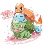  anniversary blue_eyes bulbasaur charmander closed_eyes closed_mouth fang fire highres open_mouth pokemon pokemon_(creature) pokemon_(game) pon_(ponymmtknsk) red_eyes simple_background squirtle star_(symbol) 