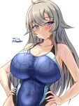  1girl black_one-piece_swimsuit blue_one-piece_swimsuit blush breasts collarbone competition_swimsuit covered_navel grey_eyes grey_hair hands_on_hips highleg highleg_swimsuit highres impossible_clothes impossible_swimsuit kantai_collection large_breasts long_hair looking_at_viewer montemasa one-piece_swimsuit solo swimsuit twitter_username two-tone_swimsuit upper_body washington_(kancolle) wet wet_clothes wet_swimsuit 