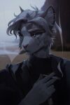  2019 anthro artist_name black_clothing black_jacket black_topwear brown_body brown_fur bust_portrait cheek_tuft cigarette clothed clothing dated eyebrows facial_tuft felid front_view fur grey_eyes hair hi_res holding_cigarette holding_object inner_ear_fluff jacket jewelry looking_aside male mammal necklace open_mouth outside portrait smoking solo topwear tuft unknowhiter white_body white_eyebrows white_fur white_hair white_inner_ear_fluff 