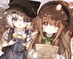  2girls :o animal_ears animal_hat backpack bag bangs beret black_headwear brown_capelet brown_eyes brown_hair cabbie_hat capelet commentary_request fake_animal_ears fang food food_request hair_between_eyes hair_ornament hairclip hat holding holding_food long_hair long_sleeves multiple_girls open_mouth original overalls parted_lips petals purple_eyes red_girl_(yuuhagi_(amaretto-no-natsu)) shirt short_sleeves squirrel_girl_(yuuhagi_(amaretto-no-natsu)) squirrel_tail striped striped_shirt tail very_long_hair white_hair white_shirt yuuhagi_(amaretto-no-natsu) 