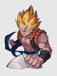  1boy blonde_hair blue_sash clenched_hands closed_mouth dragon_ball dragon_ball_z fighting_stance gogeta green_eyes kemachiku male_focus metamoran_vest muscular muscular_male pants pectorals sash serious solo spiked_hair white_pants 
