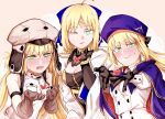  1girl @_@ ahoge artoria_caster_(fate) artoria_caster_(first_ascension)_(fate) artoria_caster_(second_ascension)_(fate) artoria_caster_(third_ascension)_(fate) artoria_pendragon_(fate) bare_shoulders beret black_bow black_gloves blonde_hair blue_bow blue_cloak blue_headwear blush bow bracelet breasts brown_gloves buttons cloak closed_mouth collared_shirt dress elbow_gloves fate/grand_order fate_(series) fur_hat gloves green_eyes hair_bow hat heart jewelry kirikirisamurai kiss long_hair long_sleeves multicolored_clothes multicolored_dress one_eye_closed open_mouth ornament packet purple_bow rhombus shirt skirt small_breasts smile twintails ushanka very_long_hair vest white_background white_headwear white_shirt white_skirt white_vest 
