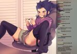  1boy androgynous black_thighhighs blorp blue_hair bulge butt_plug chat_log controller covered_testicles dark_blue_hair dildo_under_clothes game_controller gamepad green_shorts grin highres holding holding_controller inazuma_eleven_(series) inazuma_eleven_go long_sleeves looking_to_the_side male_focus medium_hair no_panties orange_eyes public_indecency sex_toy shorts slit_pupils smile swivel_chair thighhighs tsurugi_kyousuke 