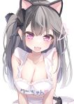  1girl animal_ears apron azur_lane bangs bare_shoulders black_hair blush breasts cat_ears cleavage fake_animal_ears heart highres large_breasts long_hair looking_at_viewer naked_apron official_alternate_costume open_mouth pamiat_merkuria_(azur_lane) pamiat_merkuria_(mercurial_chocolate_love)_(azur_lane) pink_eyes side_ponytail simple_background solo uduki_(nissi) upper_body white_apron white_background 