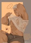 1boy abs absurdres armpit_hair armpits bandaid bandaid_on_cheek bandaid_on_face bara bulge clothes_lift covered_nipples dark-skinned_male dark_skin feet_out_of_frame goo_(koushishikou11) grey_shorts highres large_pectorals lifted_by_self male_focus muscular muscular_male nipples original pectorals see-through shirt shirt_lift short_hair shorts sideburns solo stomach sweat thick_eyebrows underpec undressing wet wet_clothes wet_shirt 