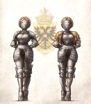  2girls alternate_universe armor arms_behind_back atomic_heart blonde_hair boobplate braid commentary crest crown_braid cuisses english_commentary full_armor gold_jacket highres ironlily knight left_(atomic_heart) medieval multiple_girls plate_armor right_(atomic_heart) short_hair siblings sisters twins 
