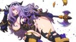  1girl absurdres armor axe black_armor black_gloves black_panties breasts broken_armor butcherboy camilla_(fire_emblem) cleavage commission fire_emblem fire_emblem_fates gloves hair_over_one_eye halberd highres large_breasts long_hair looking_at_viewer mature_female panties pixiv_commission polearm solo thick_thighs thighs tiara torn_clothes torn_panties underwear very_long_hair wavy_hair weapon 