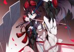  1girl aiming animal_ears arrow_(projectile) artery_gear black_dress black_hair bow_(weapon) china_dress chinese_clothes dress fake_animal_ears hair_between_eyes holding holding_arrow holding_bow_(weapon) holding_weapon multicolored_hair purple_eyes red_hair senba_(artery_gear) streaked_hair user_msrx3423 weapon yellow_eyes 