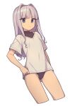  1girl :/ bangs black_leotard blue_eyes blunt_bangs breasts cowboy_shot cropped_legs everyntrge grey_hair hair_intakes hand_on_hip leotard leotard_under_clothes long_hair no_pants original shirt simple_background small_breasts solo t-shirt white_background white_shirt 