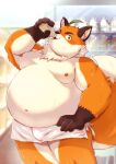  2023 anthro belly big_belly blush bodily_fluids bulge canid canine drinking fox haiiro_oekaki hi_res humanoid_hands iyo_(tamacolle) kemono male mammal moobs navel nipples overweight overweight_male solo sweat tamacolle towel 