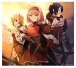  1boy 2girls alcryst_(fire_emblem) armor armored_dress arrow_(projectile) artist_name blonde_hair blue_hair book bow_(weapon) brown_dress citrinne_(fire_emblem) dark_blue_hair dress fire_emblem fire_emblem_engage hairband holding holding_arrow holding_book holding_sword holding_weapon lapis_(fire_emblem) leaf_(esabacoo) looking_at_viewer multiple_girls pink_eyes pink_hair red_eyes sheath sheathed signature sword twitter_username weapon 