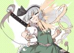  1girl black_hairband black_ribbon bob_cut bow_hairband bumping collared_shirt dotted_background flower frilled_skirt frills ghost green_background green_skirt grey_hair hair_ribbon hairband hitodama in_the_face katana konpaku_youmu konpaku_youmu_(ghost) lily_(flower) motion_lines o_o puffy_short_sleeves puffy_sleeves ribbon shinmon_akika shirt short_hair short_sleeves skirt skirt_set surprised sweat sword touhou wakizashi weapon white_shirt wide_oval_eyes 