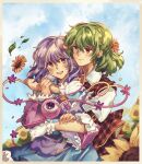  2girls :d bangs blue_sky closed_mouth commentary english_commentary field flower flower_field green_hair highres hug kabocha1408 kazami_yuuka komeiji_satori long_sleeves looking_at_another looking_at_viewer multiple_girls open_mouth outdoors plaid plaid_vest purple_eyes purple_hair red_eyes red_vest shirt short_hair sky smile sunflower third_eye touhou vest white_shirt 