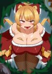  1girl absurdres alternate_costume bangs blonde_hair blue_background blurry blurry_foreground blush bow breasts brown_pantyhose christmas cleavage commentary_request dress fangs feet_out_of_frame fishnet_pantyhose fishnets forked_tongue fur-trimmed_bow fur-trimmed_dress fur_trim hair_bow hair_bun highres kurodani_yamame large_breasts leaning_forward looking_at_viewer medium_hair open_mouth pantyhose red_bow red_dress red_eyes rinyamame smile solo strapless strapless_dress tongue tongue_out touhou wreath 