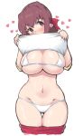  1girl bikini blush breasts brown_eyes brown_hair buruma buruma_pull cleavage clothes_lift girls_und_panzer heart highres kondou_taeko large_breasts lifted_by_self looking_at_viewer micro_bikini navel red_buruma shirt_lift simple_background solo swimsuit white_background white_bikini yabai_gorilla 