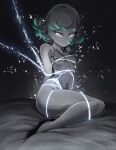  1girl arms_behind_back bangs bed_sheet breasts closed_mouth covered_nipples dress hehevich high_heels highres medium_hair navel one-punch_man partially_colored restrained sitting small_breasts solo tatsumaki thick_eyebrows torn_clothes torn_dress 