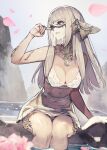  1girl armlet au_ra bare_shoulders bra breasts brown_eyes cleavage covered_navel crescent_necklace day detached_collar final_fantasy final_fantasy_xiv grey_hair hide_(hideout) highres jewelry large_breasts leaning_forward long_hair looking_away looking_to_the_side mouth_veil multiple_rings necklace outdoors parted_lips petals ring see-through skirt smile soaking_feet solo thighlet underwear veil water white_bra white_skirt 