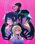  2boys 2girls ahoge aiming_at_viewer akamatsu_kaede backpack bag black_hair blonde_hair brown_hair bullet cele_(310v3) checkered_clothes checkered_scarf danganronpa_(series) danganronpa_v3:_killing_harmony earrings finger_to_mouth from_side frown grin hair_between_eyes hair_ornament harukawa_maki hat heterochromia highres jewelry light_blush long_hair looking_at_viewer low_twintails mole mole_under_eye multiple_boys multiple_girls musical_note musical_note_hair_ornament necktie ouma_kokichi pink_background pink_eyes pointing purple_eyes purple_hair red_eyes saihara_shuuichi scarf school_uniform serafuku short_hair smile stud_earrings sweater_vest target teeth twintails very_long_hair 