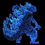  black_background blue_eyes blue_fire blue_theme claws closed_mouth dandagouglas english_commentary fire full_body glowing glowing_eyes godzilla godzilla_(series) highres jewelry magatama necklace no_humans simple_background solo spines standing whorled_clouds 