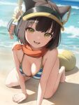  1girl absurdres all_fours animal_ear_fluff animal_ears bananafish1111 bare_arms bare_legs bare_shoulders barefoot beach bikini black_headwear blue_archive breasts brown_hair cleavage day fang feet flower fox_ears fox_girl fox_tail hair_flower hair_ornament highres izuna_(blue_archive) izuna_(swimsuit)_(blue_archive) looking_at_viewer lower_teeth_only medium_breasts ocean official_alternate_costume open_mouth outdoors red_eyeliner red_scarf sand scarf short_hair skin_fang smile solo striped striped_bikini sunflower swimsuit tail teeth thighs toes visor_cap yellow_eyes 