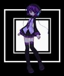  1girl agpgwm bangs beret black_background black_footwear black_headwear black_shirt black_skirt boots cable collared_shirt commentary copyright_name expressionless floating_hair full_body hat headphones highres koronba long_sleeves looking_at_viewer microphone necktie no_nose pleated_skirt purple_eyes purple_hair purple_necktie romaji_text shirt short_hair sideways_glance skirt solo square swept_bangs thigh_boots tie_clip two-tone_background utane_uta utau vest white_background wide_sleeves zettai_ryouiki 
