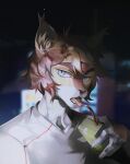  2020 anthro artist_name beverage blue_eyes blurred_background brown_hair bust_portrait clothing dated fangs felid front_view fur glistening glistening_eyes hair hi_res holding_beverage holding_object male mammal multicolored_hair open_mouth portrait red_tongue solo tan_body tan_fur tan_hair teeth tongue tongue_out topwear two_tone_hair unknowhiter white_clothing white_topwear 