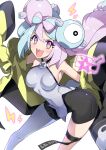  1girl blue_hair bow-shaped_hair breasts character_hair_ornament covered_navel hair_ornament halcon hexagon_print highres iono_(pokemon) jacket long_hair looking_at_viewer low-tied_long_hair medium_breasts multicolored_hair oversized_clothes pantyhose pink_eyes pink_hair pokemon pokemon_(game) pokemon_sv sharp_teeth simple_background sleeves_past_fingers sleeves_past_wrists standing teeth twintails two-tone_hair very_long_hair very_long_sleeves white_background yellow_jacket 