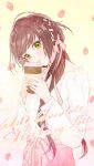  1girl brown_hair closed_mouth coffee_cup collar_x_malice cup disposable_cup food fruit green_eyes hair_ribbon holding holding_cup hoshino_ichika_(collar_x_malice) kaori long_hair long_sleeves looking_at_viewer pink_background pink_ribbon pink_skirt ribbon shirt skirt smile solo strawberry white_shirt 