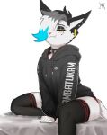  00niine 2023 absurd_res anthro black_body black_clothing black_eyebrows black_fur black_hair black_hoodie black_legwear black_thigh_highs black_topwear clothed clothing eyebrows felid fur hair hair_over_eye hi_res hoodie legwear mammal multicolored_hair narrowed_eyes one_eye_obstructed stockings tail teeth text text_on_clothing text_on_hoodie text_on_topwear thigh_highs topwear white_body white_fur white_hair white_tail yellow_eyes 