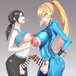  2girls absurdres bar_censor black_pants blonde_hair blue_bodysuit blush bodysuit breasts censored clenched_teeth clothes_lift commission covered_navel crossover crotchless crotchless_bodysuit crotchless_pants erection eye_contact futa_with_futa futanari hand_on_own_ass high_ponytail highres large_areolae large_breasts large_penis large_testicles leggings long_hair looking_at_another low_ponytail metroid multiple_girls multiple_penises navel negi_(takuya_t) nippleless_clothes nipples open_mouth pants penis penises_touching perky_breasts pixiv_commission ponytail precum precum_string samus_aran shirt_lift sleeveless smile teeth testicles wii_fit wii_fit_trainer wii_fit_trainer_(female) zero_suit 