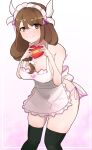  apron blush breasts brown_eyes brown_hair fire_emblem fire_emblem_engage gift goldmary_(fire_emblem) heart heart_print highres holding holding_gift large_breasts looking_at_viewer maid_apron naked_apron serafineart1001 side_ponytail smile thighhighs valentine white_apron 