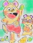  2023 absurd_res biped blush brown_body cheese clothed clothing dairy_products duo eyewear food gakusha gamba_no_bouken gamba_no_bouken_(series) ganba glasses hi_res koronporo mammal mouse murid murine rodent 