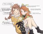  2girls blush bow brown_eyes brown_hair carrying dress english_text etie_(fire_emblem) fire_emblem fire_emblem_engage goldmary_(fire_emblem) green_bow green_dress green_eyes hair_bow hair_ornament multiple_girls orange_hair ponytail princess_carry speech_bubble tencryingemojis yellow_dress yuri 