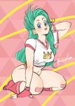  1girl amartbee aqua_hair arm_behind_head bandaid bandaid_on_knee bandaid_on_leg blue_eyes breasts bulma commentary covered_nipples dragon_ball dragon_ball_z english_commentary fingerless_gloves full_body gloves large_breasts navel red_nails red_socks sitting socks solo thick_thighs thighs tongue twitter_username wariza 