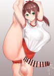  1girl absurdres arms_up blush breasts brown_hair buruma buruma_aside clothing_aside commission covered_nipples cum ejaculation erection futanari green_eyes gym_uniform hair_ornament hair_ribbon handsfree_ejaculation highres kneepits large_breasts large_penis long_hair looking_at_viewer negi_(takuya_t) nipples original peeing peeing_self penis pixiv_commission ponytail red_buruma ribbon sagging_testicles shirt short_sleeves solo split standing standing_on_one_leg standing_split testicles white_shirt 