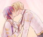  2boys alear_(fire_emblem) alear_(male)_(fire_emblem) alfred_(fire_emblem) belt blonde_hair collared_shirt couple fire_emblem fire_emblem_engage highres kira_not_found kiss long_sleeves multicolored_hair multiple_boys necktie pulled_by_another pulling shirt white_shirt yaoi 