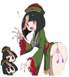  3girls absurdres black_hair blush breasts chinese_clothes cosplay fangs girls_und_panzer gotou_moyoko grey_eyes highres jewelry jiangshi jiangshi_costume konparu_nozomi looking_at_viewer medium_breasts multiple_girls necklace ofuda ofuda_on_head open_mouth panties pearl_necklace purple_panties short_hair side-tie_panties simple_background sono_midoriko underwear white_background yabai_gorilla 