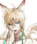  ahoge animal_ears bangs blonde_hair crossed_bangs earrings for_all_time fox_boy fox_ears green_eyes highres jewelry looking_at_viewer luchen male_focus medium_hair open_mouth out_of_frame pov pov_hands saliva white_background 