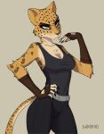  anthro belt black_clothing blue_eyes breasts claws clothing darokho felid female fur gaijin_entertainment glare gloves handwear hi_res leopard leopard_spots mammal pantherine simple_background solo spots war_thunder yellow_body yellow_fur 