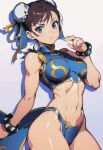  1girl ai-generated black_hair bracelet breasts brown_eyes brown_hair bun_cover chinese_clothes chun-li double_bun dress earrings gohika hair_bun highres jewelry large_breasts pelvic_curtain sash short_hair solo spiked_bracelet spikes street_fighter thick_thighs thighs 