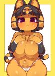  :&lt; animal_crossing ankha_(animal_crossing) anthro big_breasts blue_hair blush bob_cut bodily_fluids border breasts butt_from_the_front clothed clothing domestic_cat felid feline felis female front_view fukurou_ya hair hand_on_breast hand_on_chest hi_res huge_breasts looking_at_viewer mammal markings navel nintendo portrait short_hair simple_background solo striped_markings striped_tail stripes sweat tail tail_markings thick_thighs three-quarter_portrait topless uraeus white_background wide_hips yellow_border 