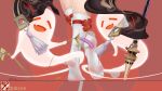  1girl :d absurdres boo_tao_(genshin_impact) close-up fang feet foot_focus genshin_impact highres hu_tao_(genshin_impact) polearm smile socks solo spear tickling tiptoes weapon white_socks xhb 