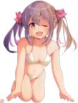  1girl ;d barefoot bikini breasts brown_eyes chuutaro_metal commentary gradient_hair hair_ornament hairclip kneeling light_brown_hair long_hair multicolored_hair one_eye_closed onii-chan_wa_oshimai! open_mouth oyama_mihari small_breasts smile solo swimsuit twintails white_bikini 