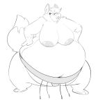  2022 anthro areola asian_clothing belly big_belly big_breasts breasts canid canine clothing dipstick_tail east_asian_clothing female fox fur half-closed_eyes hands_on_hips hi_res huge_belly japanese_clothing looking_away mammal markings mawashi monochrome narrowed_eyes navel nipples overweight overweight_female plantigrade smile solo sumo tail tail_markings titsunekitsune wide_hips zera_(titsunekitsune) 