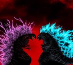  black_background black_eyes blue_fire colored_sclera dandagouglas english_commentary fangs fire glowing godzilla godzilla_(series) godzilla_(shin) highres looking_at_another looking_at_viewer open_mouth red_background shin_godzilla simple_background spines standing upper_body yellow_eyes yellow_sclera 
