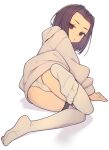  1girl arm_support ass black_eyes black_hair everyntrge expressionless feet full_body groin hood hoodie legs long_hoodie looking_at_viewer looking_back no_shoes original panties short_hair simple_background sitting soles solo thighhighs toes underwear white_background white_hoodie white_panties white_thighhighs 