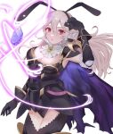  1girl animal_ears armor ascot bangs black_panties breasts cape cleavage corrin_(female)_(fire_emblem) corrin_(fire_emblem) dragonstone fffera fire_emblem fire_emblem_fates fire_emblem_heroes hair_between_eyes hair_ornament hairband highres leotard long_hair medium_breasts official_alternate_costume open_mouth panties pointy_ears rabbit_ears red_eyes smile solo torn_cape torn_clothes underwear white_hair 