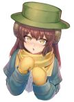  1girl brown_hair fate/grand_order fate_(series) fossil green_headwear hat learning_with_manga!_fgo long_hair long_sleeves mary_anning_(fate) mittens ranma_(kamenrideroz) scarf solo upper_body white_background yellow_eyes yellow_mittens yellow_scarf 